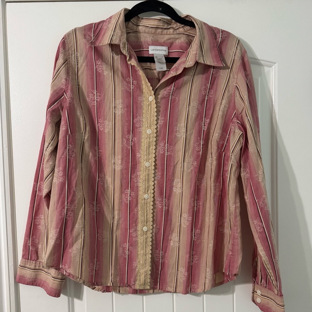 Vintage Y2K Liz Claiborne Pink and Cream Striped Blouse Button Up Size L